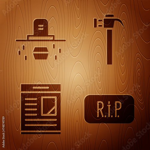 Set Speech bubble rip death, Grave with coffin, Obituaries and Hammer on wooden background. Vector