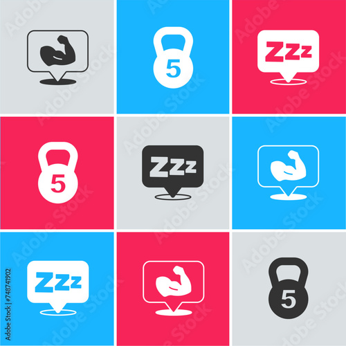 Set Bodybuilder muscle, Weight and Sleepy icon. Vector