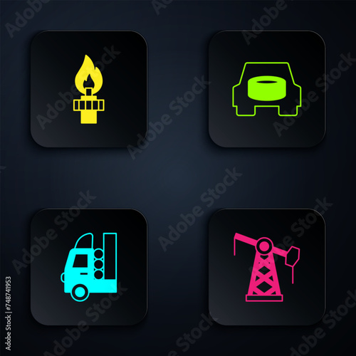 Set Oil pump or pump jack, rig with fire, Gas tank for vehicle and Spare wheel in the car. Black square button. Vector