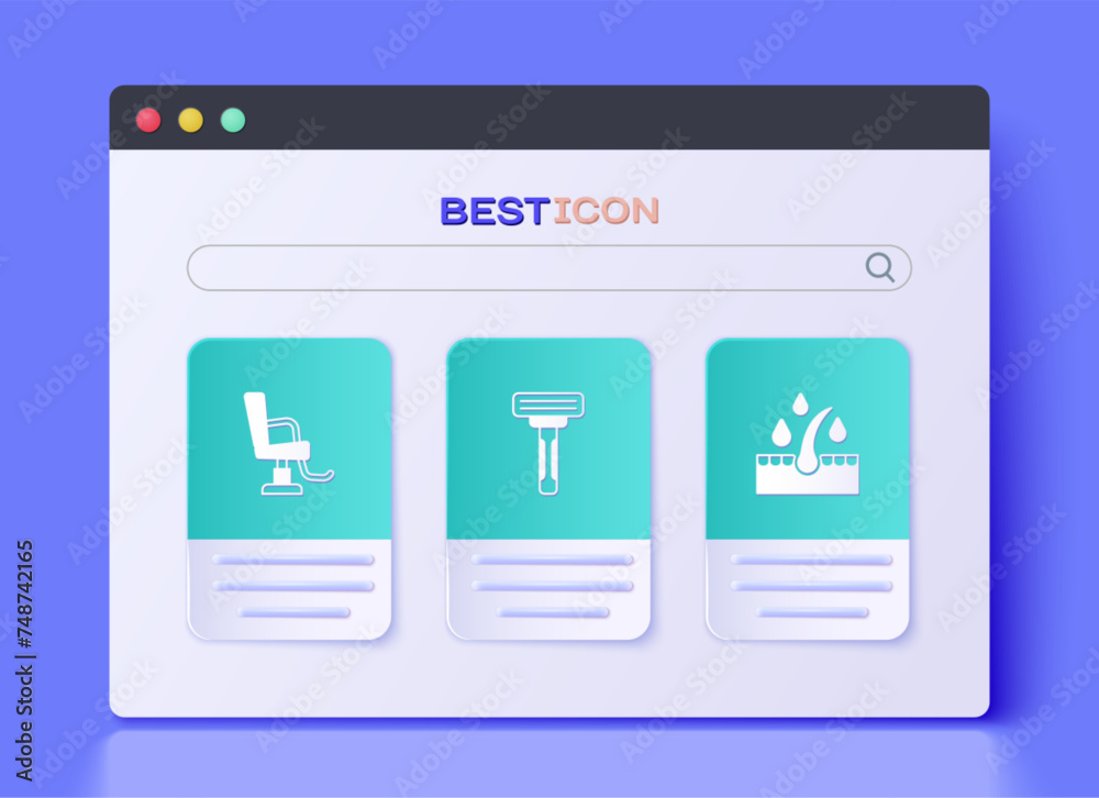 Set Shaving razor, Barbershop chair and Oil for care treatment icon. Vector Set Shaving razor, Barbershop chair and Oil for care treatment icon. Vector