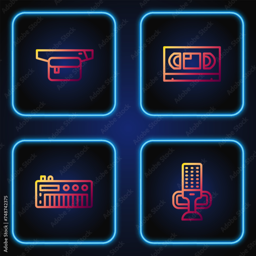 Set line Microphone, Music synthesizer, Waist bag of banana and VHS video cassette tape. Gradient color icons. Vector Set line Microphone, Music synthesizer, Waist bag of banana and VHS video cassette tape. Gradient color icons. Vector