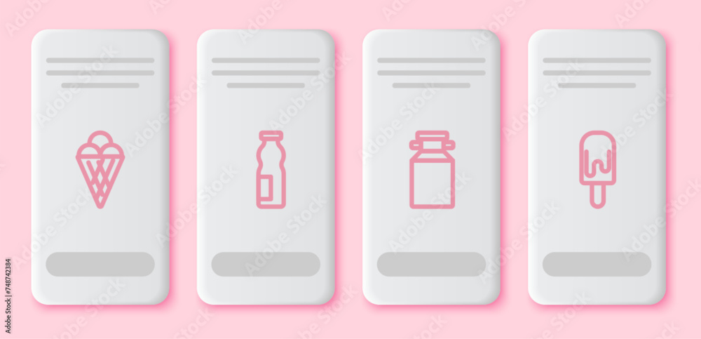 Set line Ice cream in waffle cone, Drinking yogurt bottle, Can container for milk and . White rectangle button. Vector Set line Ice cream in waffle cone, Drinking yogurt bottle, Can container for milk and . White rectangle button. Vector