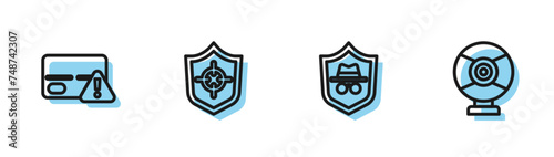 Set line Incognito mode, Credit card, Shield and Security camera icon. Vector