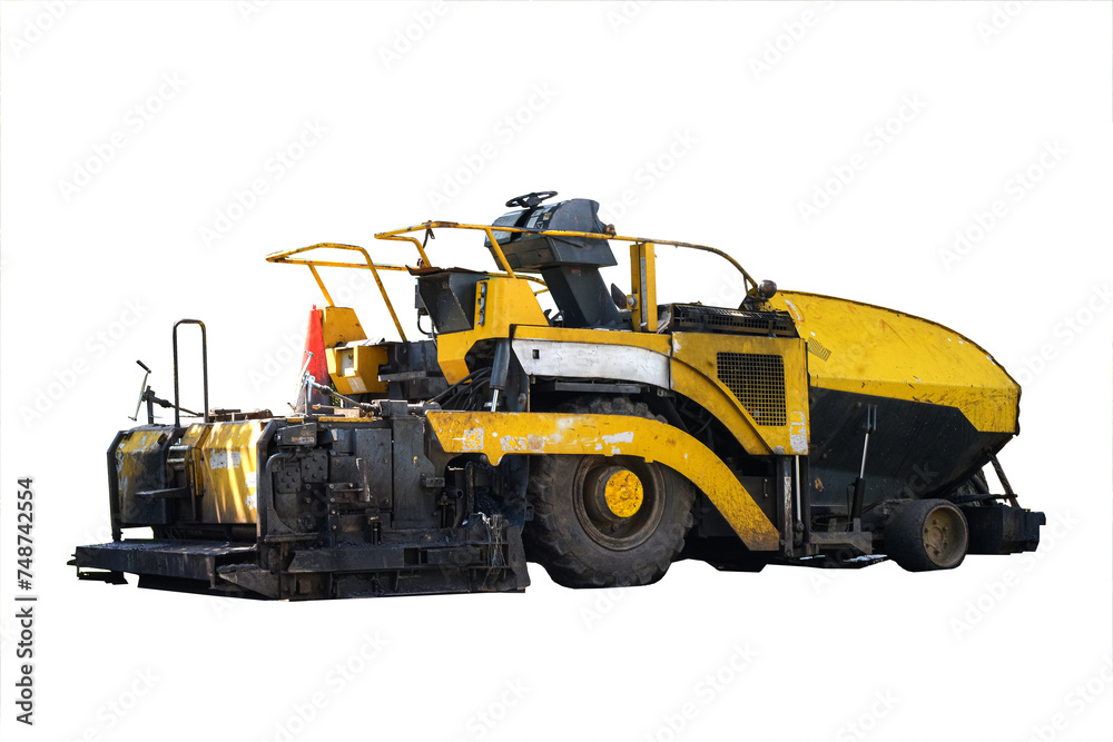 Vibratory roller compactor car isolated on white. A road roller is a vehicle used to compact soil, gravel, concrete and asphalt