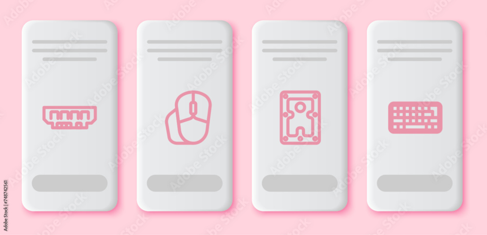 Set line RAM, random access memory, Computer mouse, Hard disk drive HDD and Keyboard. White rectangle button. Vector Set line RAM, random access memory, Computer mouse, Hard disk drive HDD and Keyboard. White rectangle button. Vector