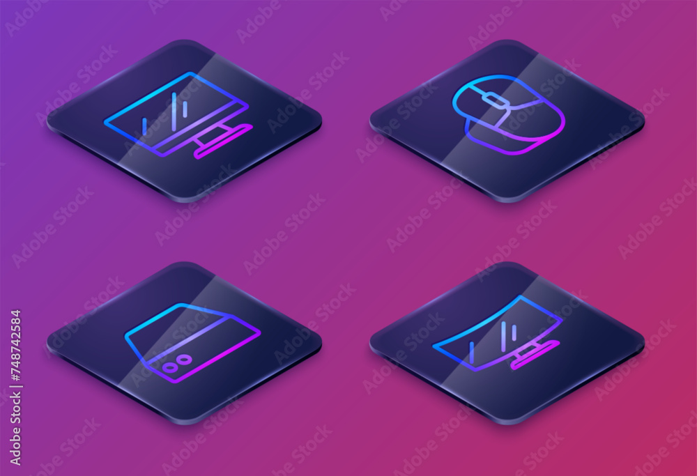 Set Isometric line Computer monitor screen, Server, Data, Web Hosting, mouse and . Blue square button. Vector Set Isometric line Computer monitor screen, Server, Data, Web Hosting, mouse and . Blue square button. Vector