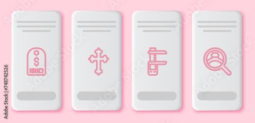 Set line Price tag with dollar, Christian cross, Calliper or caliper and scale and Diamond engagement ring. White rectangle button. Vector