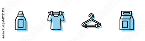 Set line Hanger wardrobe, Bottle for cleaning agent, Drying clothes and Laundry detergent icon. Vector
