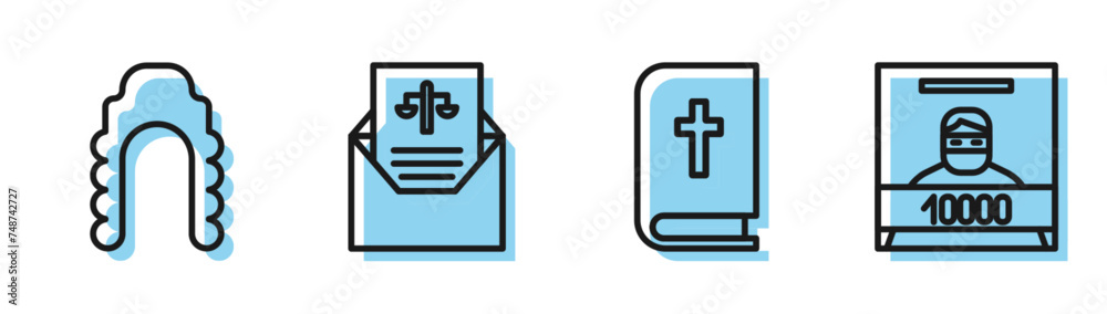 Set line Holy bible book, Judge wig, Subpoena and Wanted poster icon. Vector Set line Holy bible book, Judge wig, Subpoena and Wanted poster icon. Vector