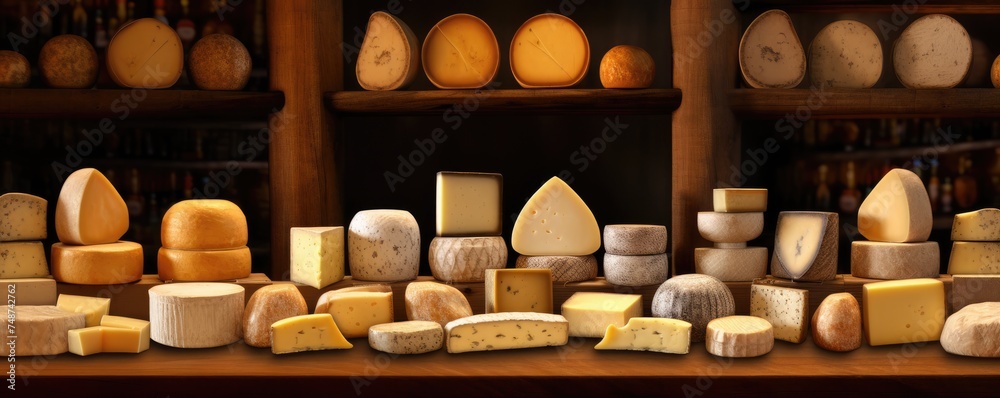 Assortment of luxury cheese wheels on a shelf, food panorama. Generative Ai. Assortment of luxury cheese wheels on a shelf, food panorama. Generative Ai.