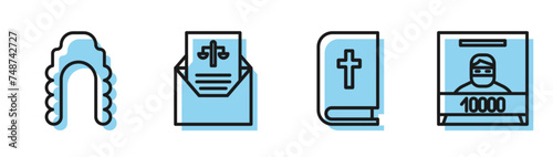 Set line Holy bible book, Judge wig, Subpoena and Wanted poster icon. Vector