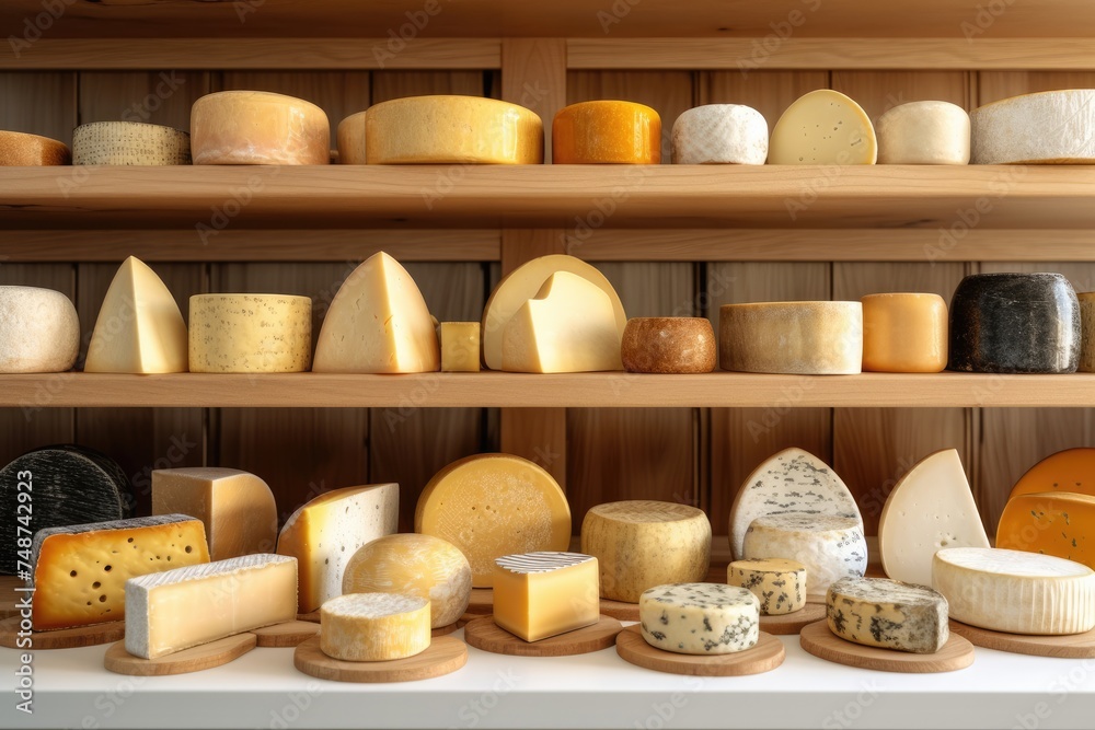 Assortment of luxury cheese wheels on a shelf. Generative Ai.