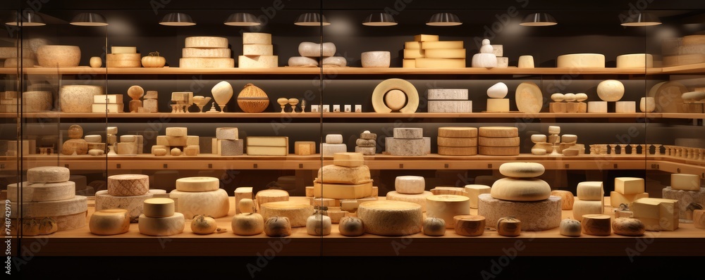 Assortment of luxury cheese wheels on a shelf, food panorama. Generative Ai.