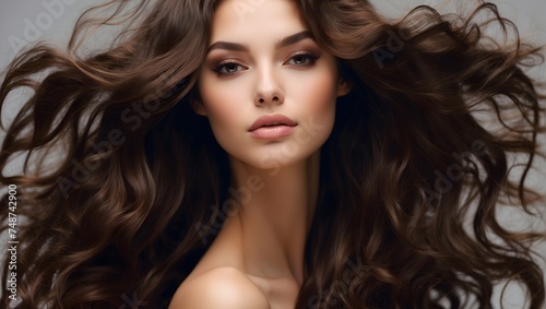 A model exudes natural elegance, her glossy brown hair flowing sleekly, complemented by her radiant, smooth skin, epitomizing hair and skincare excellence Generative AI