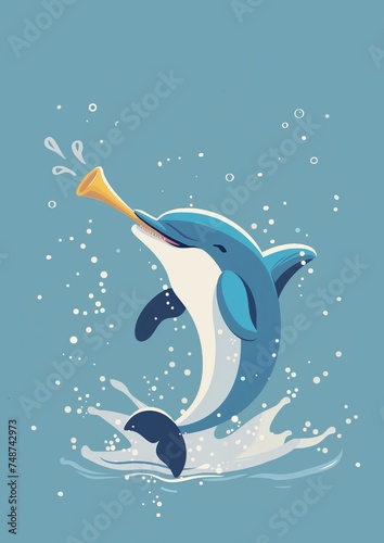 Cute funny dolphin with party trompet illustration photo