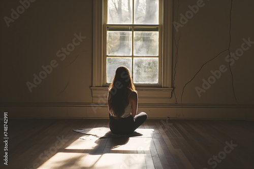 Alone girl sitting on the floor, empty room, light from single window. Melancholy, introspection. Sociopathy and self-isolation. Concept of depression and self-immersion. photo