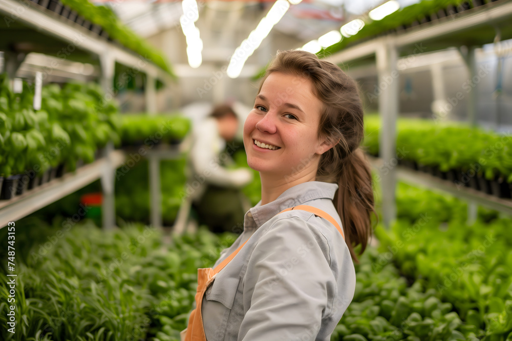 Smiling female agronomist in a modern greenhouse, representing sustainable agriculture practices. An organic farming concept. Smiling female agronomist in a modern greenhouse, representing sustainable agriculture practices. An organic farming concept.