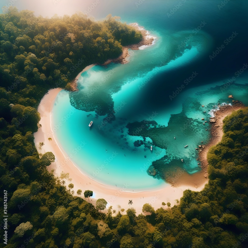 Panoramic overhead view from a drone of the coastline with palm trees and azure sea