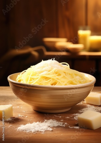Freshly grated parmesan cheese in a bowl for pasta and spaghetti. Generative Ai.