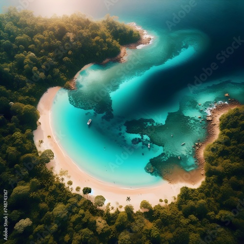 Panoramic overhead view from a drone of the coastline with palm trees and azure sea