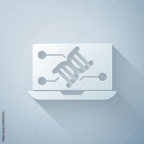 Paper cut Genetic engineering modification on laptop icon isolated on grey background. DNA analysis, genetics testing, cloning. Paper art style. Vector