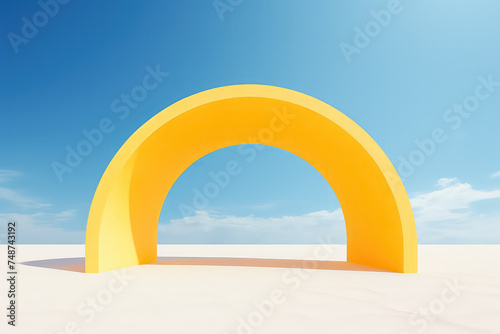 Surreal desert landscape with white clouds going into the yellow square portals on sunny day.