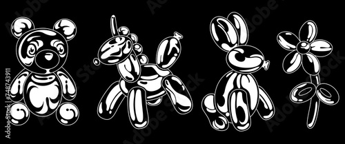 Balloon animals vector cartoon illustration set. Bear. unicorn, hare, flowers made with a balloon. Y2k retro futuristic aesthetic. Balloon stickers. Vector children toy pet sculpture	