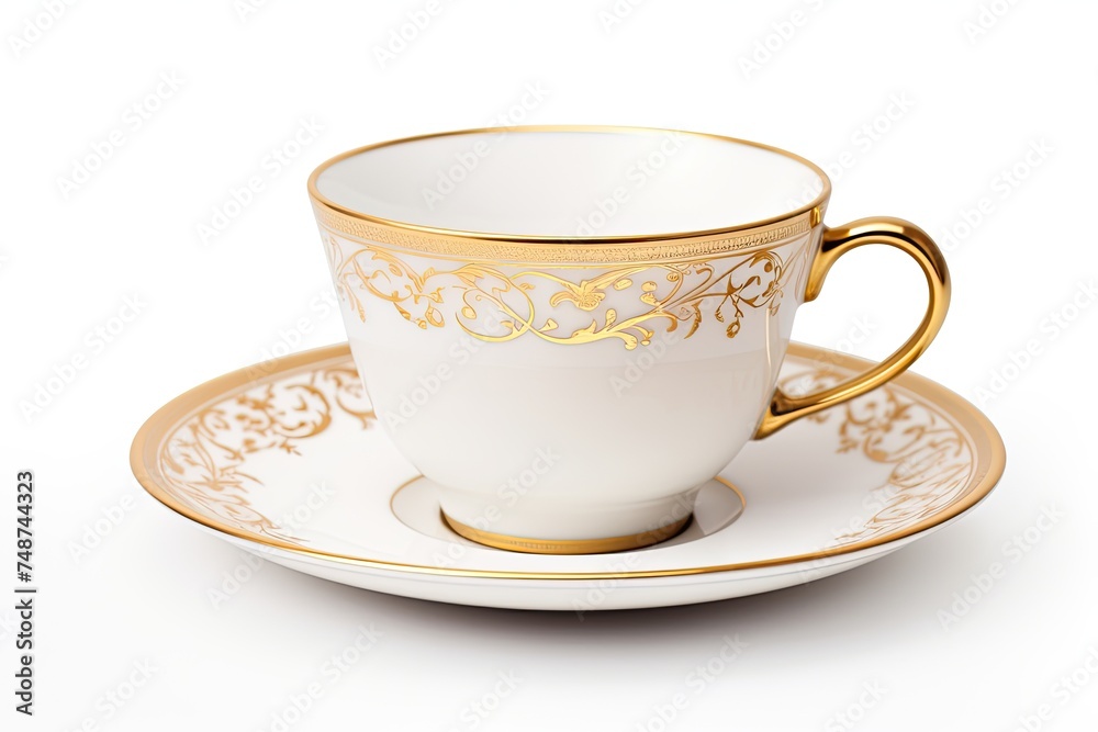 Porcelain Tea Cup and Plate in White Background with Gold Rim. Isolated Tea Set on China Dish Porcelain Tea Cup and Plate in White Background with Gold Rim. Isolated Tea Set on China Dish