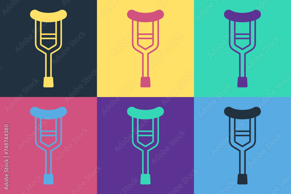 Pop art Crutch or crutches icon isolated on color background. Equipment for rehabilitation of people with diseases of musculoskeletal system. Vector Pop art Crutch or crutches icon isolated on color background. Equipment for rehabilitation of people with diseases of musculoskeletal system. Vector