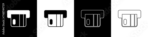 Set Credit card inserted in card reader icon isolated on black and white background. ATM cash machine. Vector