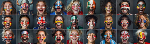 Multi National teams Fans with painted own country flags faces colors smiling laughing excited Roaring Supporting their favorite team straight at camera. Active sport fans movement and emotion collage