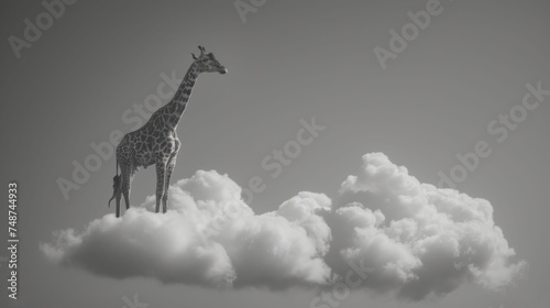 a black and white photo of a giraffe standing on a cloud in the middle of a black and white photo. © Alice