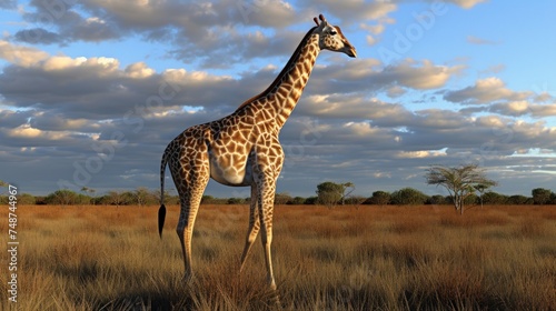 a giraffe standing in the middle of a dry grass field with clouds in the sky in the background.