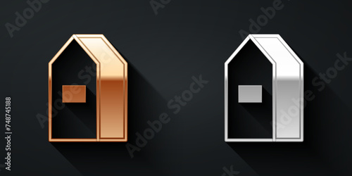 Gold and silver Paper package for milk icon isolated on black background. Milk packet sign. Long shadow style. Vector