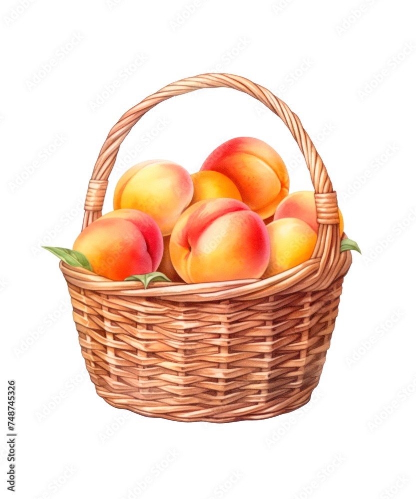 Watercolor illustration of a wicker basket with ripe peaches isolated on white background.