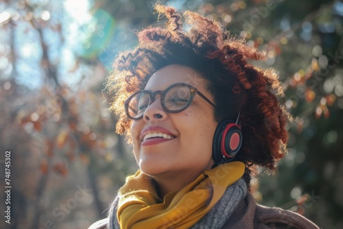 A young woman with auburn curls smiles serenely, lost in music on her headphones, as the gentle autumn sun creates a halo around her.