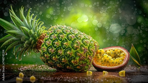 a close up of a pineapple and a half of a fruit on a table with drops of water on it. photo