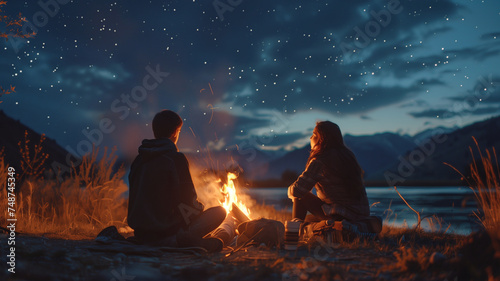Romantic scene of young teens couple sitting near camp fire and chatting during warm summer day ending sunset hours. People relation, town getawat and beauty in Nature concept image.
