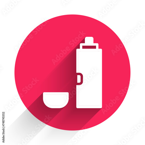 White Thermos container icon isolated with long shadow background. Thermo flask icon. Camping and hiking equipment. Red circle button. Vector