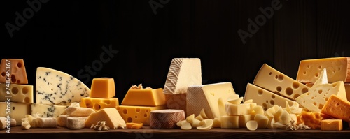Delicious pieces of different types of luxury cheese, panorama cheese wallpaper. Generative Ai.