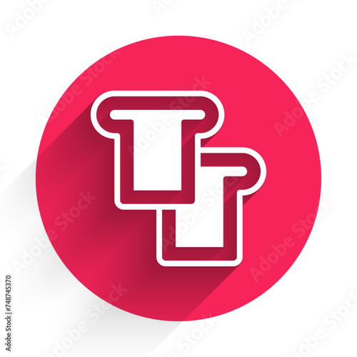 White Bread toast for sandwich piece of roasted crouton icon isolated with long shadow background. Lunch, dinner, breakfast snack. Red circle button. Vector