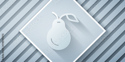 Paper cut Pear icon isolated on grey background. Fruit with leaf symbol. Paper art style. Vector