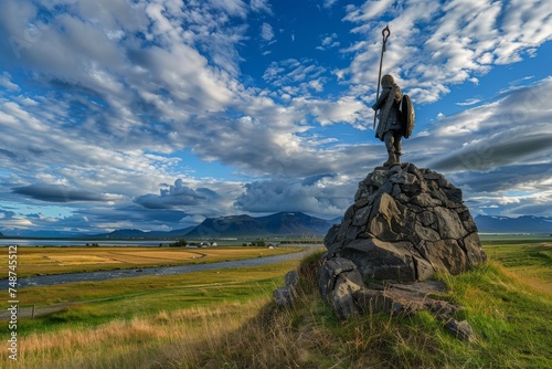 A statue of a historical figure stands tall on a rocky outcrop, gazing over the vast Icelandic landscape with mountains in the distance under a dramatic sky.
