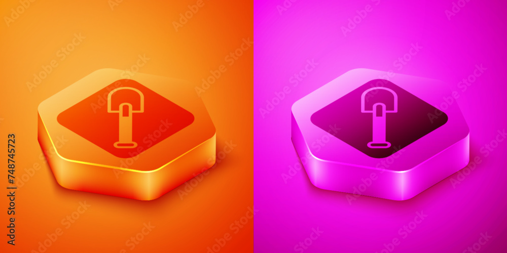 Isometric Shovel icon isolated on orange and pink background. Gardening tool. Tool for horticulture, agriculture, farming. Hexagon button. Vector Isometric Shovel icon isolated on orange and pink background. Gardening tool. Tool for horticulture, agriculture, farming. Hexagon button. Vector