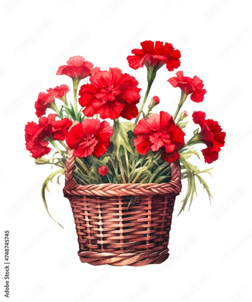 Watercolor illustration of a wicker basket with bouquet of red carnations isolated on white background.