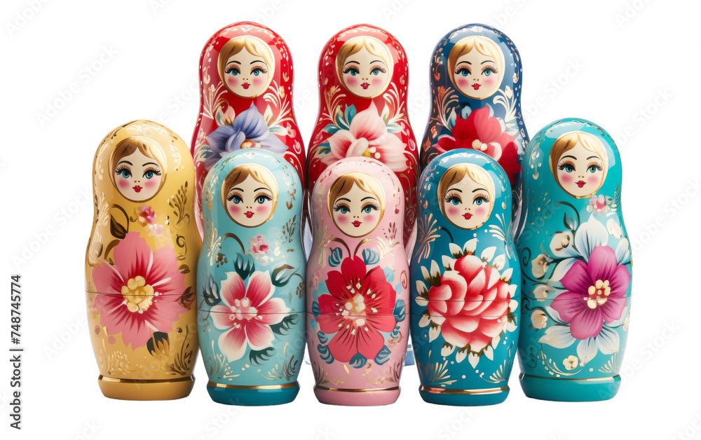 Stack of Traditional Russian Nesting Dolls on transparent background