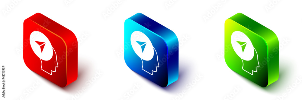 Isometric Map marker with a silhouette of a person icon isolated on white background. GPS location symbol. Red, blue and green square button. Vector Isometric Map marker with a silhouette of a person icon isolated on white background. GPS location symbol. Red, blue and green square button. Vector