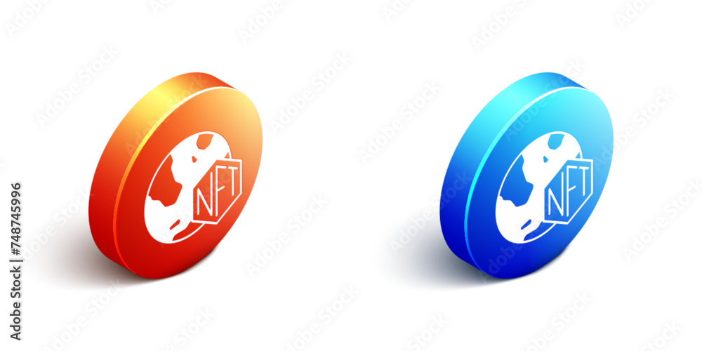 Isometric NFT Digital crypto art icon isolated on white background. Non fungible token. Orange and blue circle button. Vector - obrazy, fototapety, plakaty 