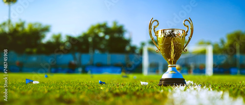 trophée en or posé sur le gazon d'un terrain de football