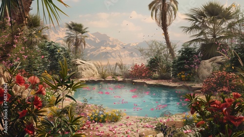 Desert in flowering  a peaceful oasis nestled within the desert  blooming flowers surrounding a tranquil pool of water  palm trees swaying gently in the breeze
